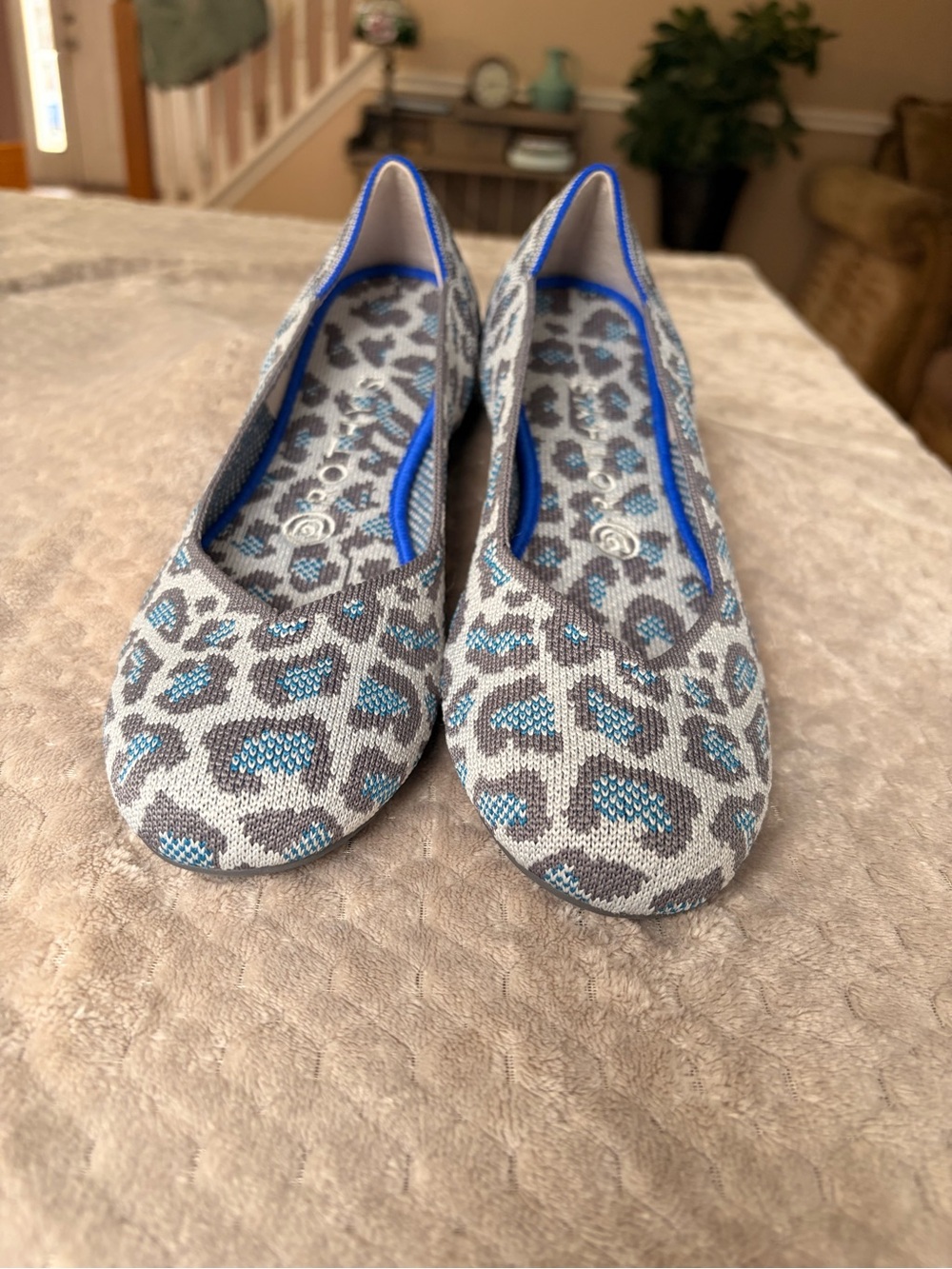 Rothy's Gray Knit Ballet Flats with Blue Leopard Accents